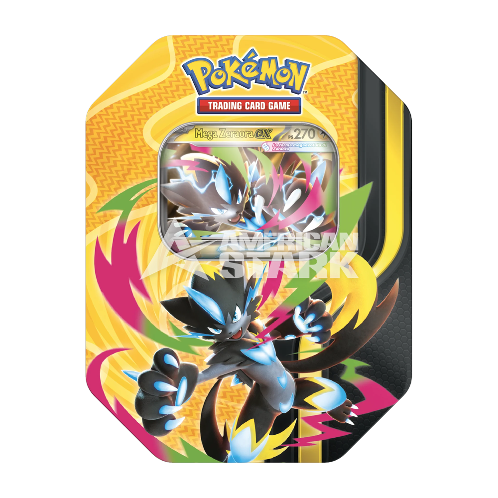 Tin Pokémon Mega Forces Mega Zeraora-ex – 4 Buste (IT)